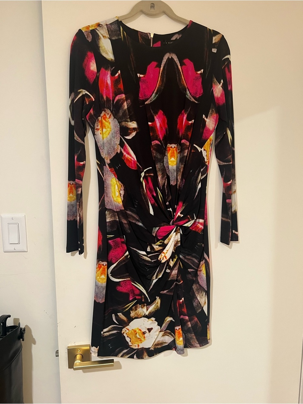 Floral Twist-Front Long-Sleeve Dress in Black and Magenta